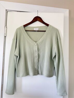 VINTAGE Sage Cropped Button-Front Waffle Cardigan